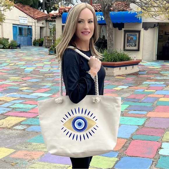 Evil Eye Green Aqua Gold Metallic Embroidered Protection Bohemian 22" Tote Bag - Picture 5 of 10